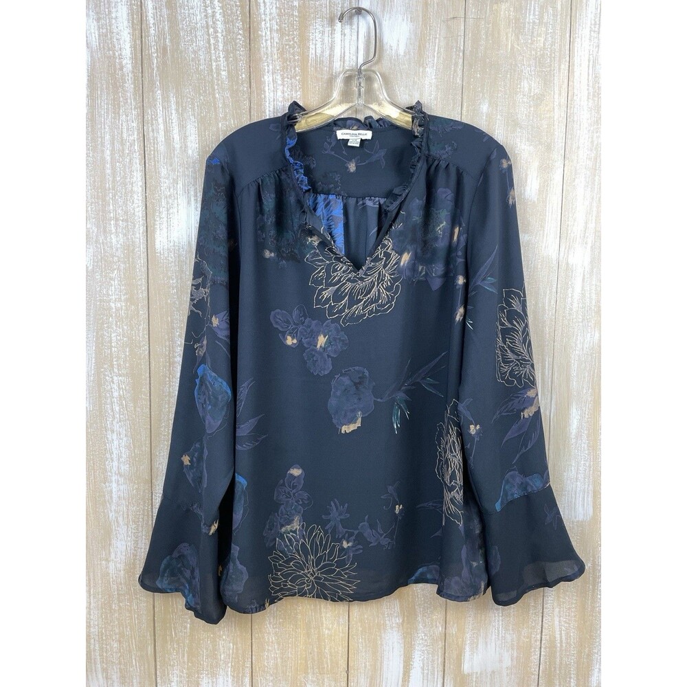 Carolina Belle Montreal Blouse Navy Print Long Sleeve Size Large